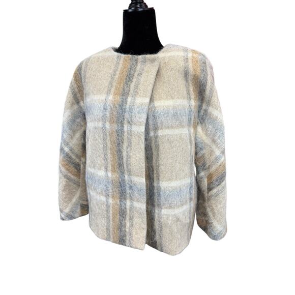 Talbots Plaid Wool Alpaca Mohair Blend Jacket Coat Beige Gray Size Medium - Picture 3 of 12